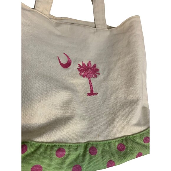 Embroidered Palm Tree Crescent Canvas Tote Bag Green Polka Dot Lining & Handles - Picture 5 of 6